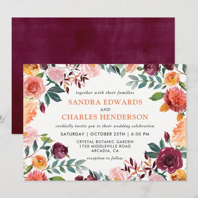 Invitation Mariage de automne Marsala rose orange Botanique (Devant / Derrière)