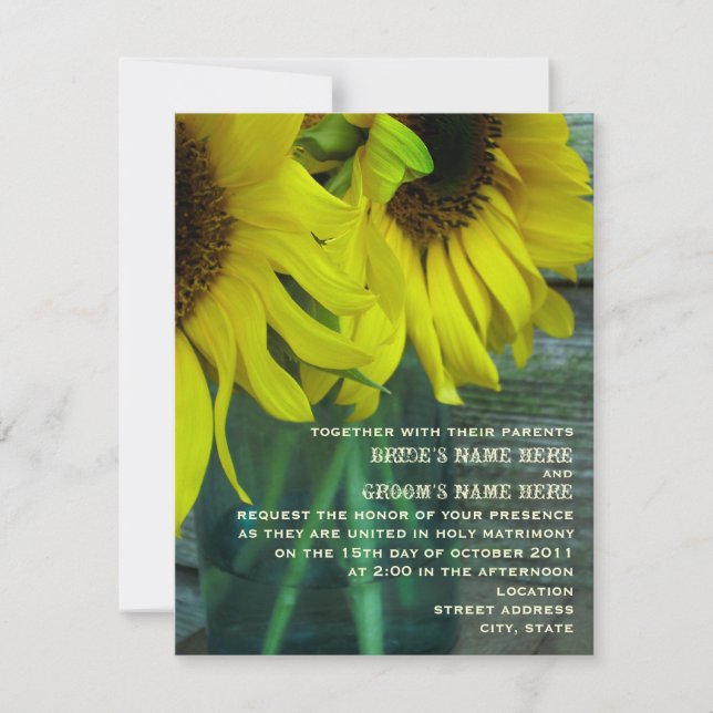 Invitation Mariage de automne Mason Jar Sunflower et Barnwood (Devant)
