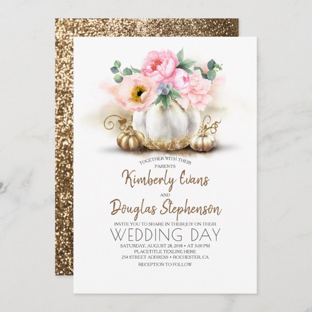 Invitation Mariage de automne rose Floral or et blanc Citroui (Devant / Derrière)