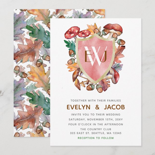 Invitation Mariage de automne Rustique de champignons aquarel (Devant / Derrière)