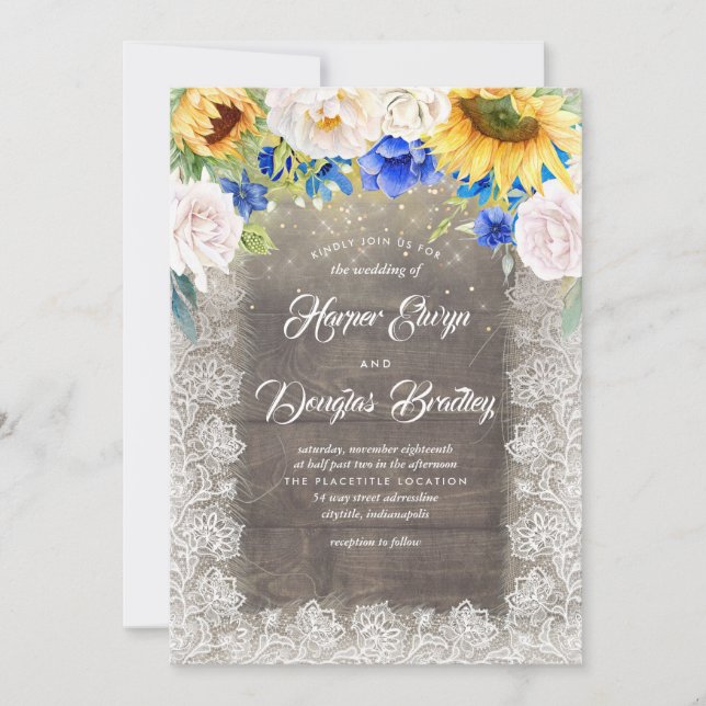 Invitation Mariage de automne Tournesol blanc et bleu rustiqu (Devant)