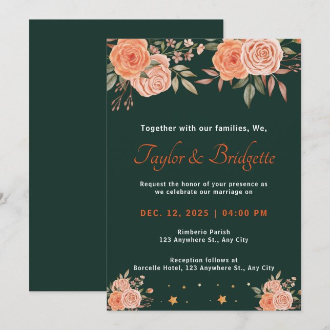 Invitation Mariage de automne vert rouille et émeraude (Devant / Derrière)