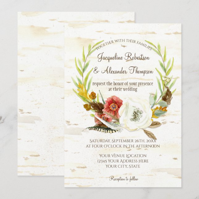 Invitation Mariage de automne Wreath Boho Feather Birk Bark P (Devant / Derrière)