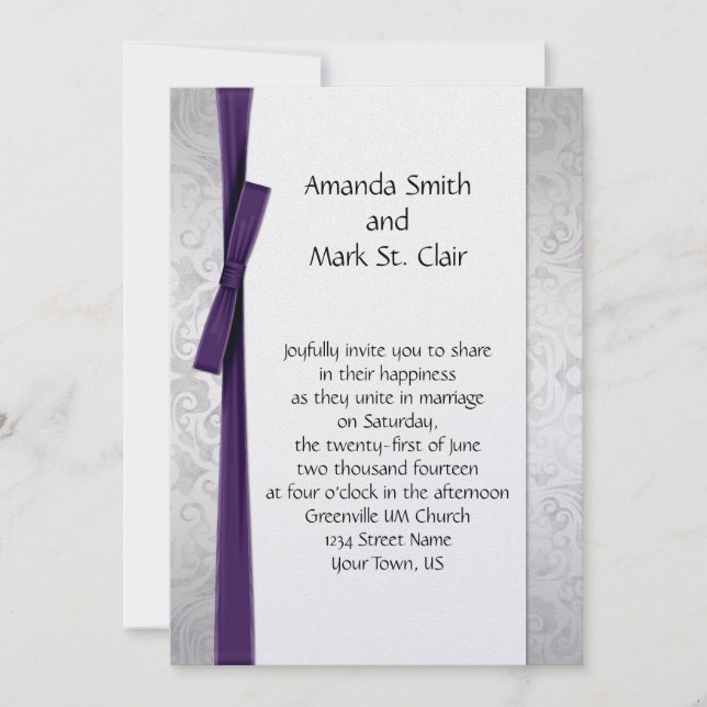 Invitation Mariage de bac à ruban pourpre en argent perdu (Devant)