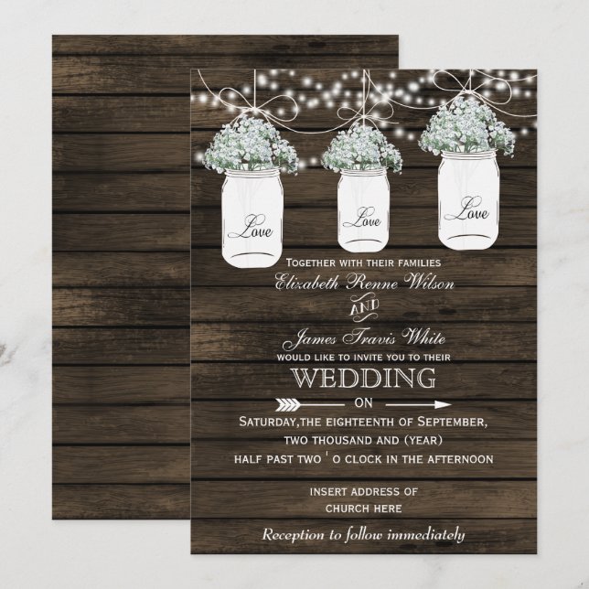 Invitation Mariage de bébé Barnwood en maçonnerie de souffle  (Devant / Derrière)