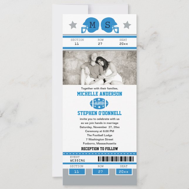 Invitation Mariage de billet du football de vert de gris bleu (Devant)