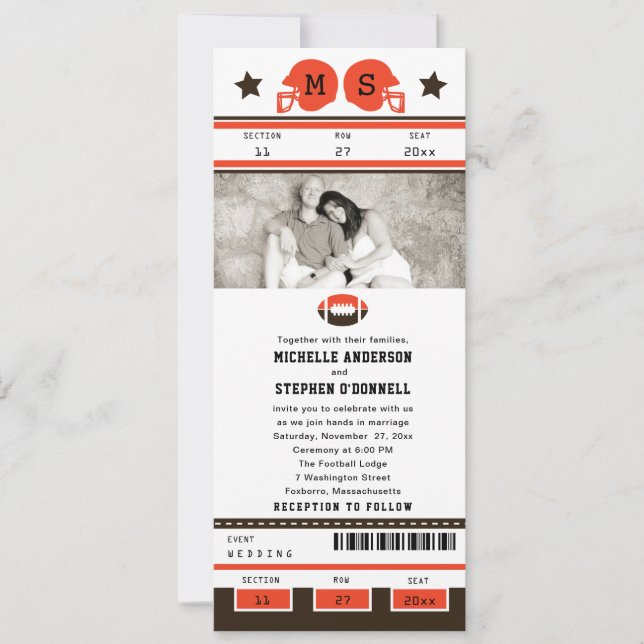 Invitation Mariage de billets Brown et Bright Orange Football (Devant)