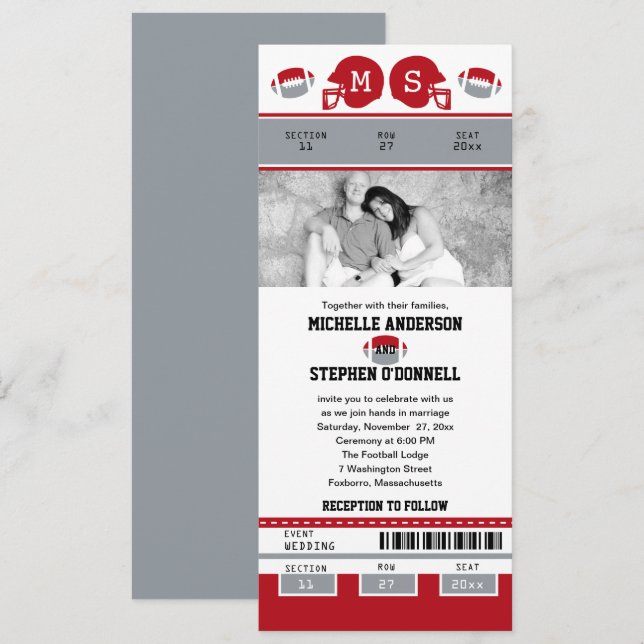 Invitation Mariage de billets de football gris et rouge (Devant / Derrière)