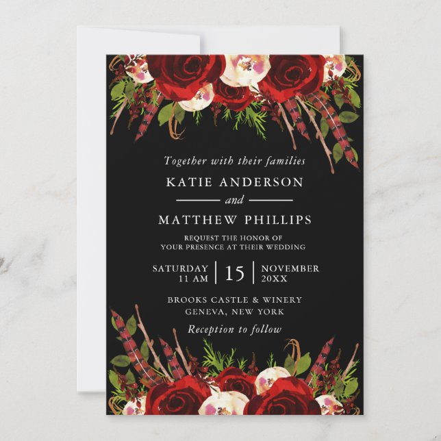 Invitation Mariage de Boho Floral de Bourgogne noire (Devant)