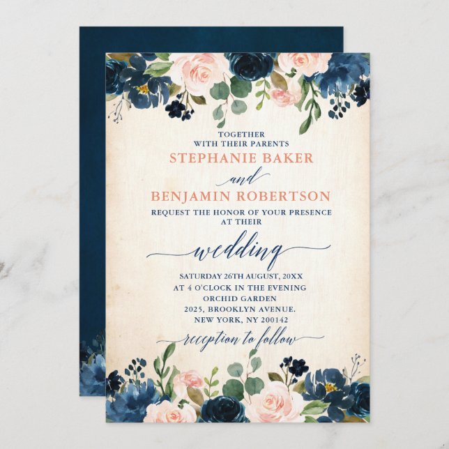 Invitation Mariage de Boho Russe Rose Rose Rose Bleu Marine (Devant / Derrière)
