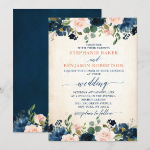 Invitation Mariage de Boho Russe Rose Rose Rose Bleu Marine