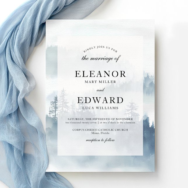 Invitation Mariage de bois bleu hiver (Créateur téléchargé)