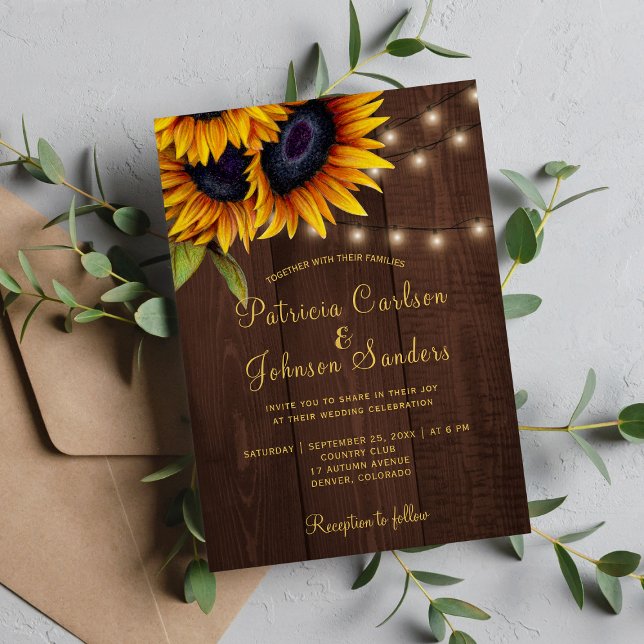 Invitation Mariage de bois de grange de tournesol rustique (Créateur téléchargé)