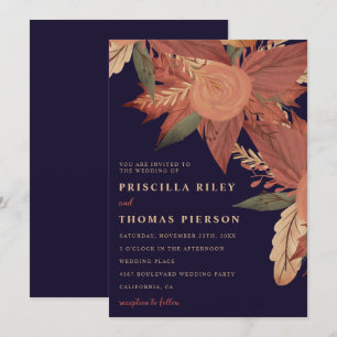 Invitation Mariage de bois floral rouge bleu marine