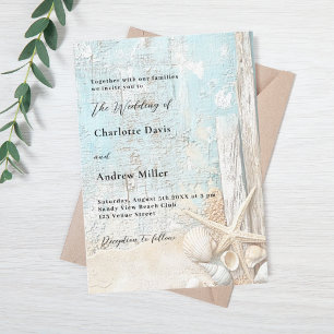 Invitation Mariage de bois flotté d'étoiles de mer bleu de pl