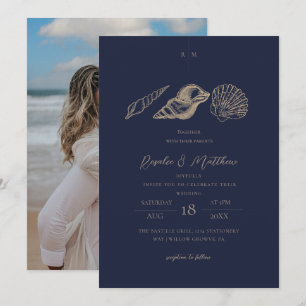 Invitation Mariage de bord de mer bleu marine et or Shells