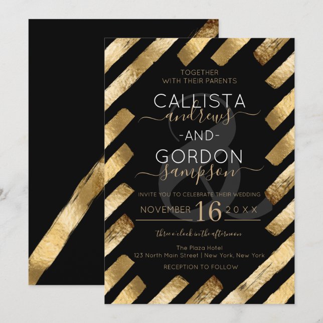 Invitation Mariage de bordure en bande en or noir chic (Devant / Derrière)