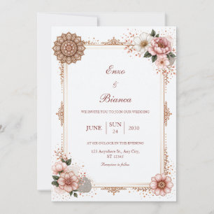 Invitation Mariage de bordure florale mandala en or rose