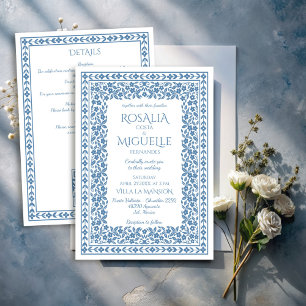Invitation Mariage de bordure florale vintage bleu foncé