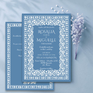 Invitation Mariage de bordure florale vintage bleu foncé