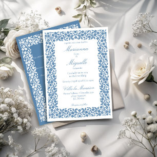 Invitation Mariage de bordure florale vintage bleu foncé