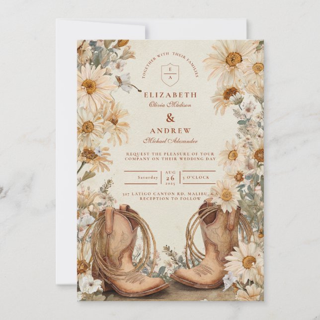 Invitation Mariage de bottes de fille de la marguerite rustiq (Devant)