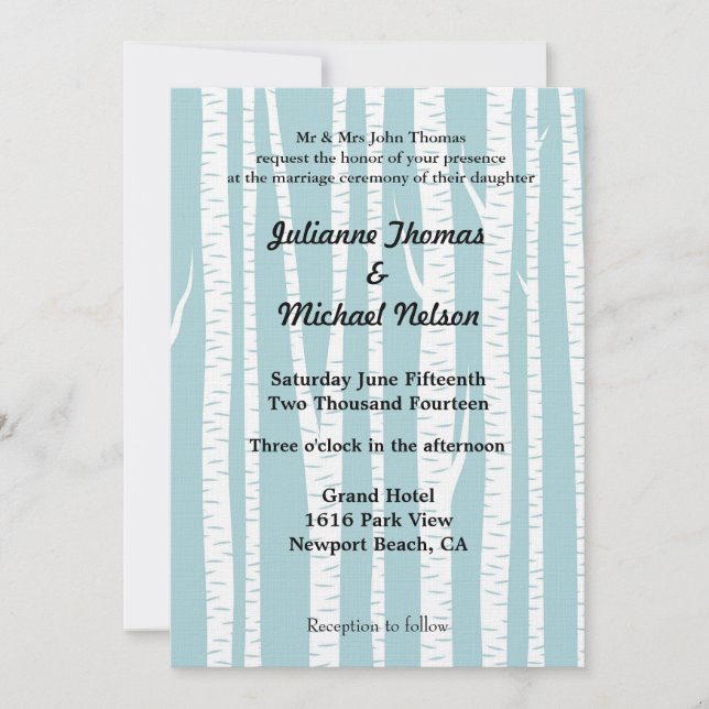 Invitation Mariage de bouleaux blancs bleus (Devant)