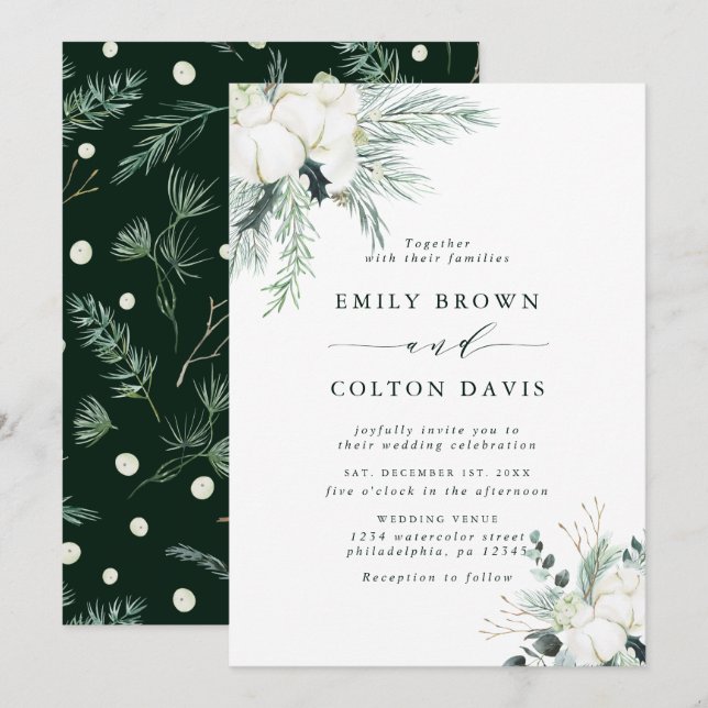 Invitation Mariage de bouquet à feuillage persistant et de co (Devant / Derrière)