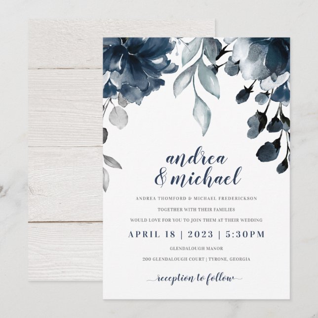 Invitation Mariage de bouquet floral bleu marine (Devant / Derrière)