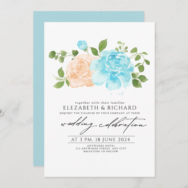 Invitation Mariage de bouquet floral de Pêche bleu clair mode (Devant / Derrière)
