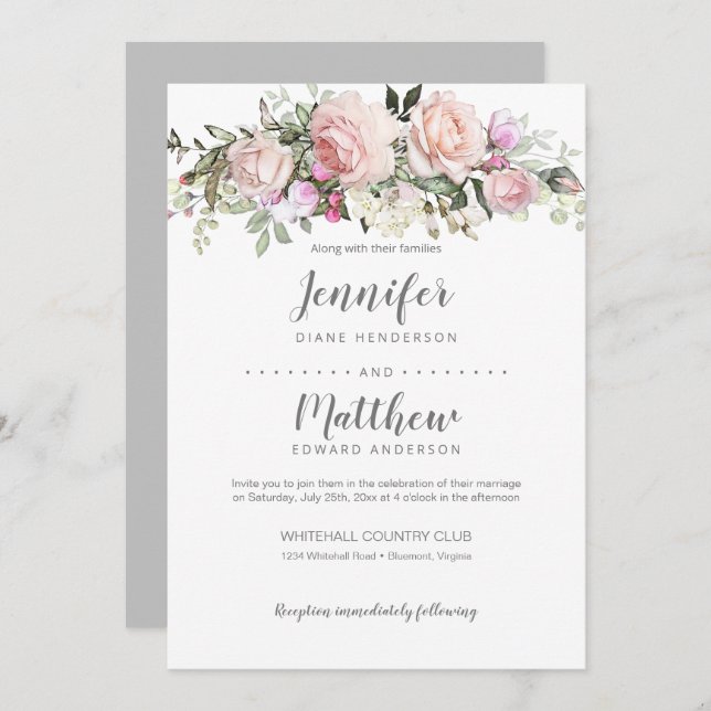 Invitation Mariage de bouquet Rose Blush Pink (Devant / Derrière)