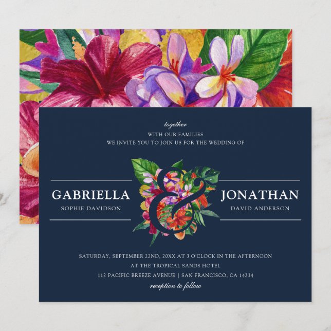 Invitation Mariage de bouquet tropical moderne de la Marine (Devant / Derrière)