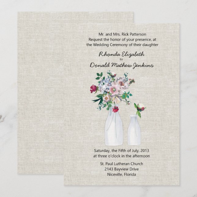 Invitation Mariage de bouteilles de lin et de lait d'inspirat (Devant / Derrière)