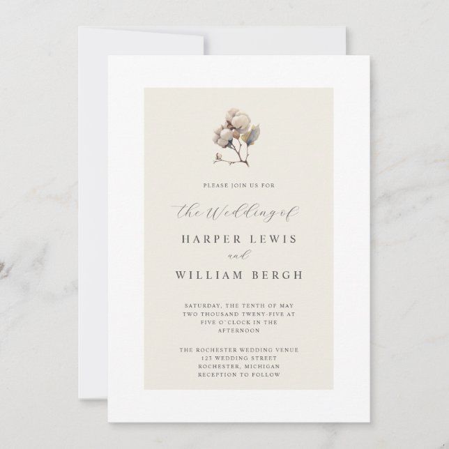 Invitation mariage de branche de coton minimaliste (Devant)