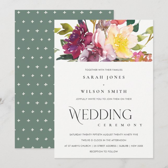 INVITATION MARIAGE DE BUNCH FLORAL BURGUNDY JAUNE CLAIR (Devant / Derrière)