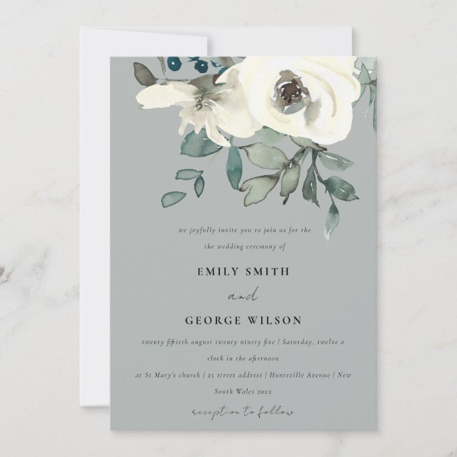 INVITATION MARIAGE DE BUNCH FLORAL FLORALE EN IVOIRE GRISE (Devant)