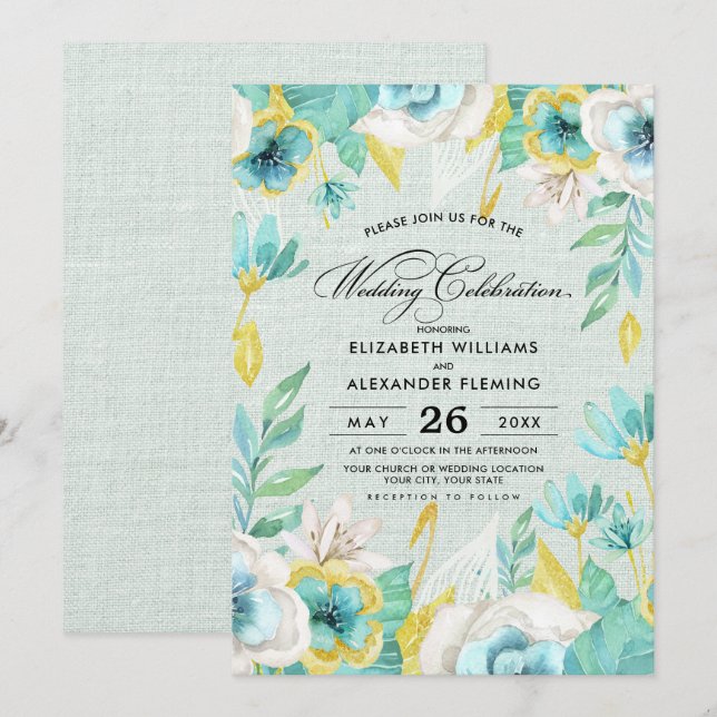 Invitation Mariage de Burlap à la menthe jaune (Devant / Derrière)