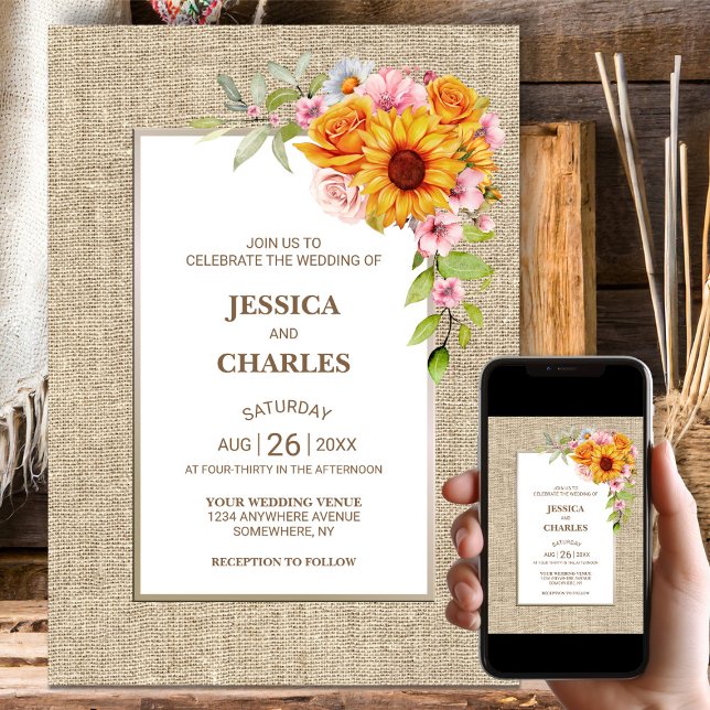 Invitation Mariage de Burlap de fleurs de tournesol (Créateur téléchargé)