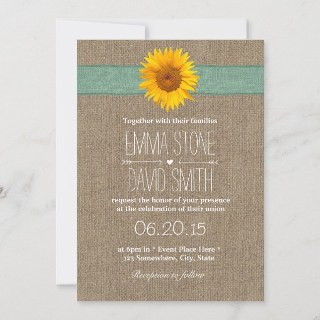 Invitation Mariage de Burlap de tournesol du pays (Devant)