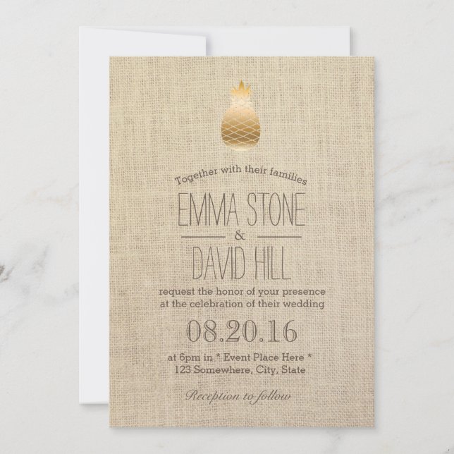 Invitation Mariage de Burlap Rustique pour ananas en or moder (Devant)
