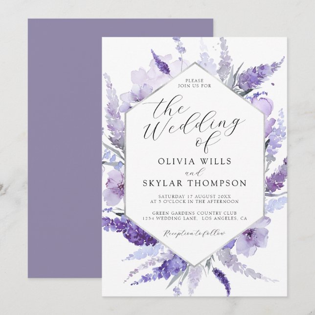 Invitation Mariage de cadre argenté à aquarelle florale Laven (Devant / Derrière)