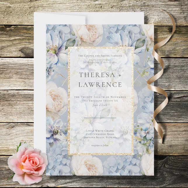 Invitation Mariage de cadre bleu et blanc floral rustique (Créateur téléchargé)