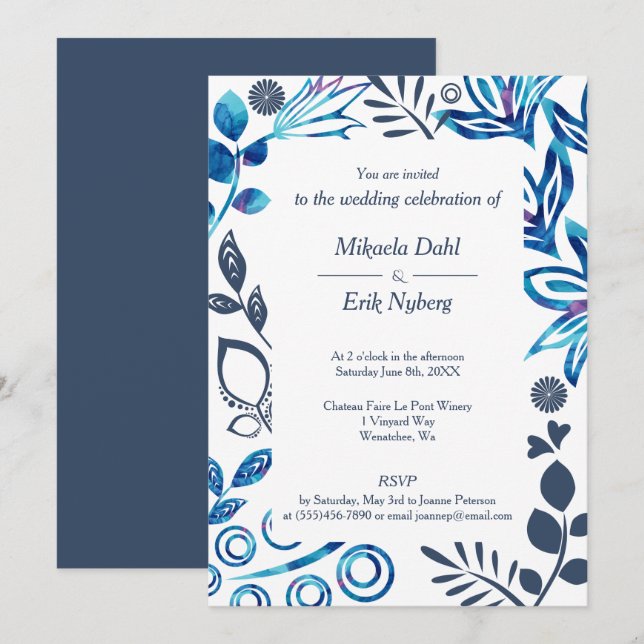 Invitation Mariage de cadre bleu, gris bleu et floral (Devant / Derrière)