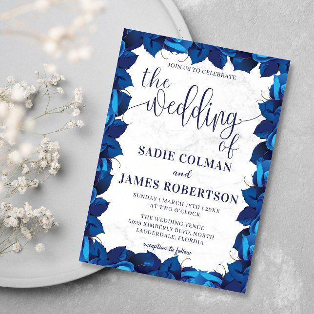 Invitation Mariage de cadre bleu marine et Marbre blanc Flora (Créateur téléchargé)
