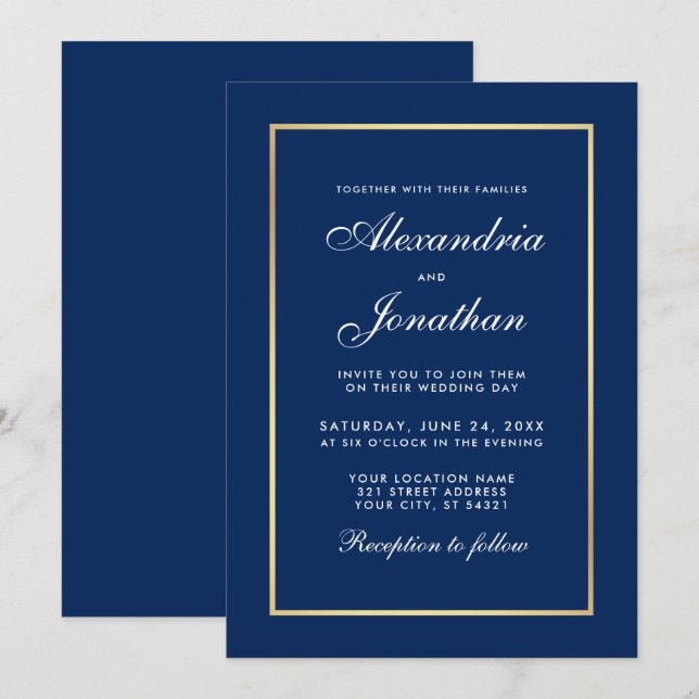 Invitation Mariage de cadre classique moderne en or bleu (Devant / Derrière)