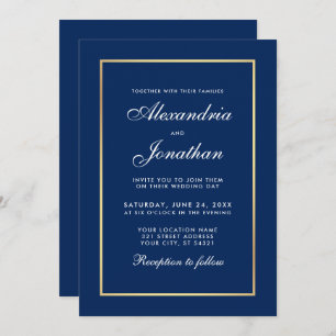 Invitation Mariage de cadre classique moderne en or bleu