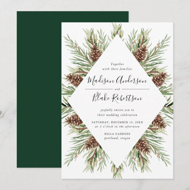 Invitation Mariage de cadre de cône de pin d'hiver (Devant / Derrière)