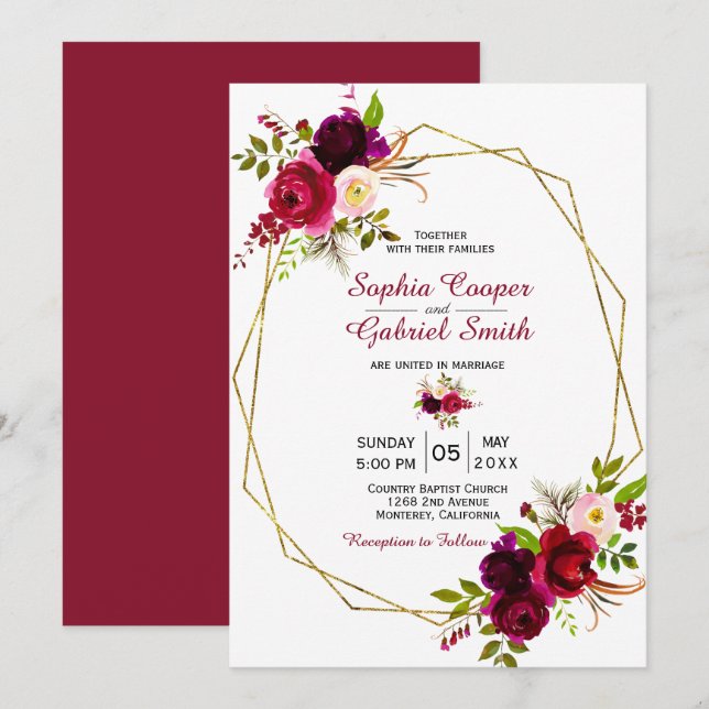 Invitation Mariage de cadre doré Floral Bourgogne moderne (Devant / Derrière)