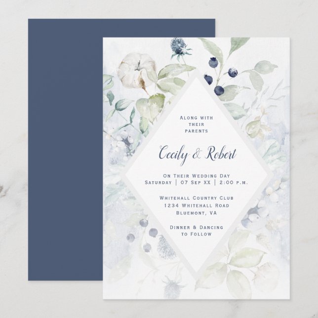Invitation Mariage de cadre en diamant floral vert Dusty (Devant / Derrière)