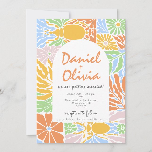 Invitation Mariage de cadre fleuri coloré rétro (Devant)